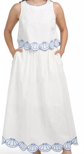 Linen-blend embroidered shell top and skirt set