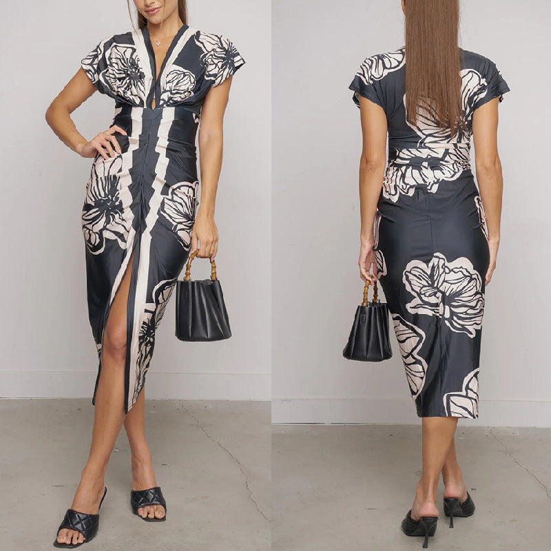 Printed slit low-cut V-neck hip dress