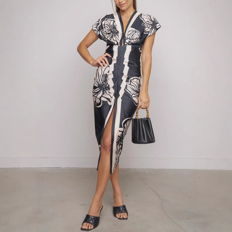 Printed slit low-cut V-neck hip dress