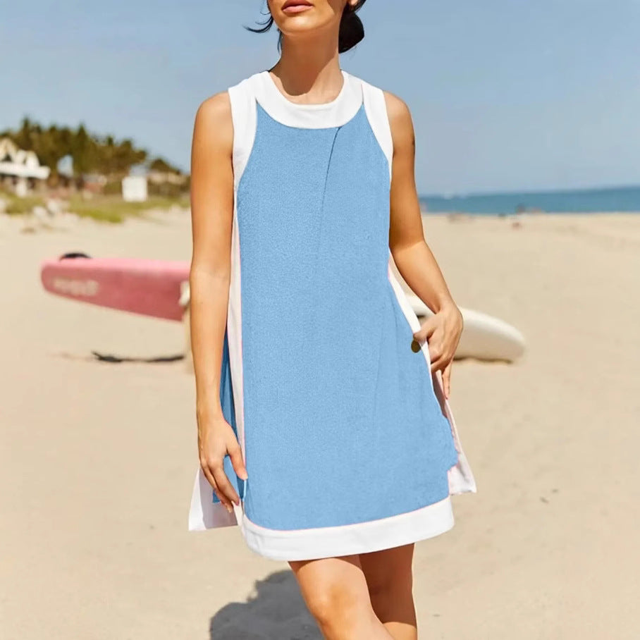 Colorblock round neck sleeveless top with shorts set