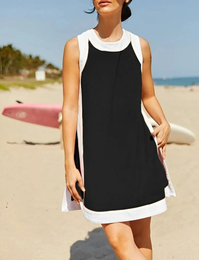 Colorblock round neck sleeveless top with shorts set
