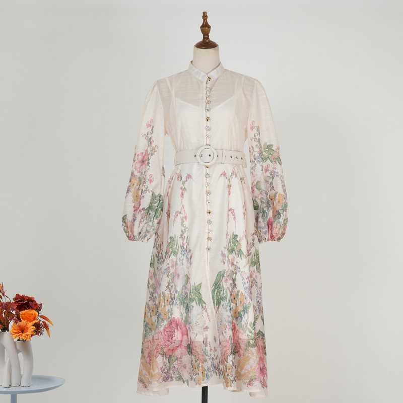 Stand collar pattern button design long dress