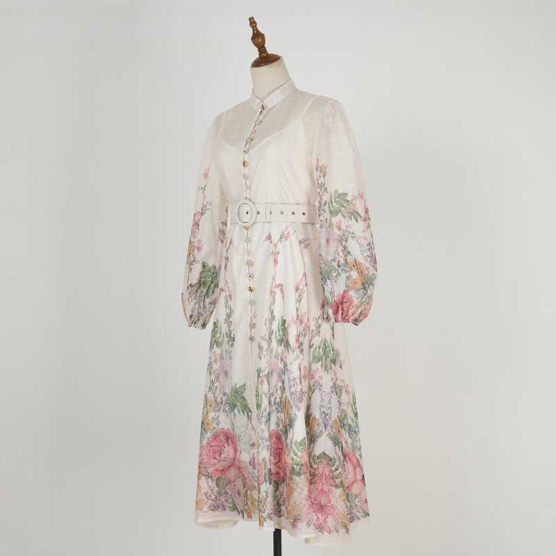 Stand collar pattern button design long dress
