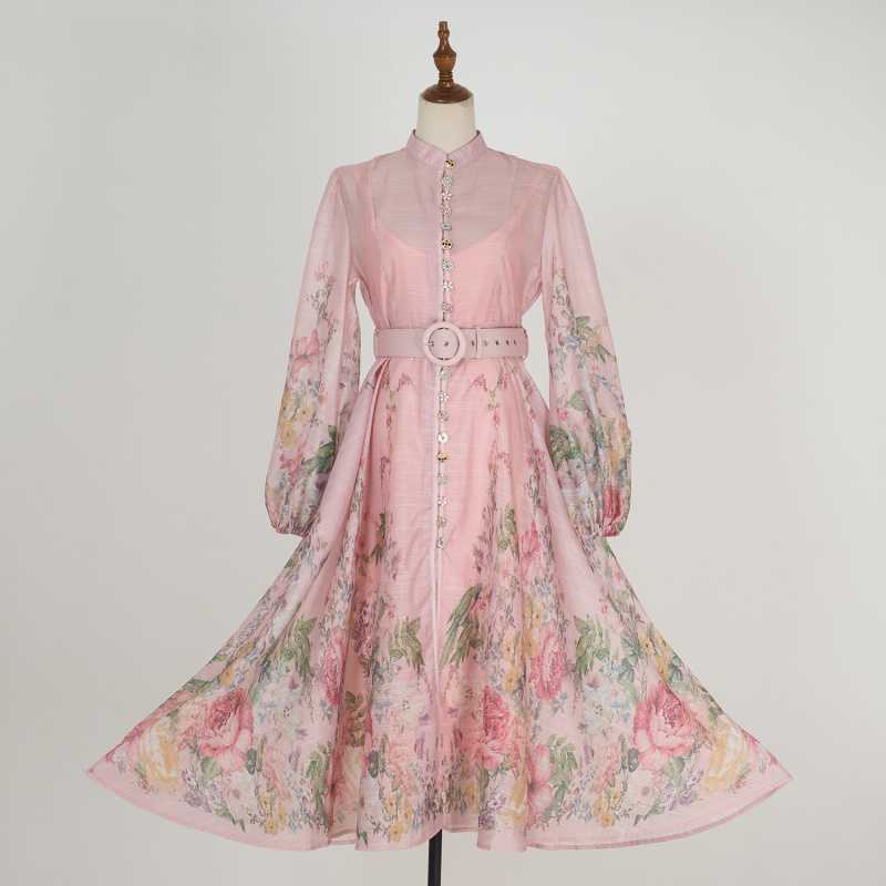 Stand collar pattern button design long dress