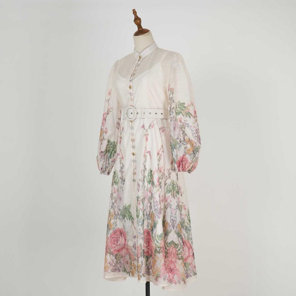 Stand collar pattern button design long dress
