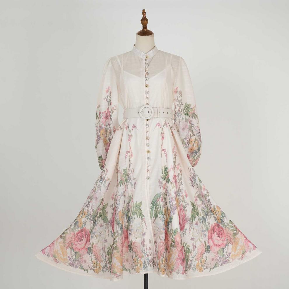 Stand collar pattern button design long dress