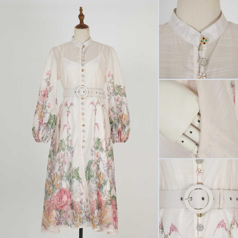 Stand collar pattern button design long dress