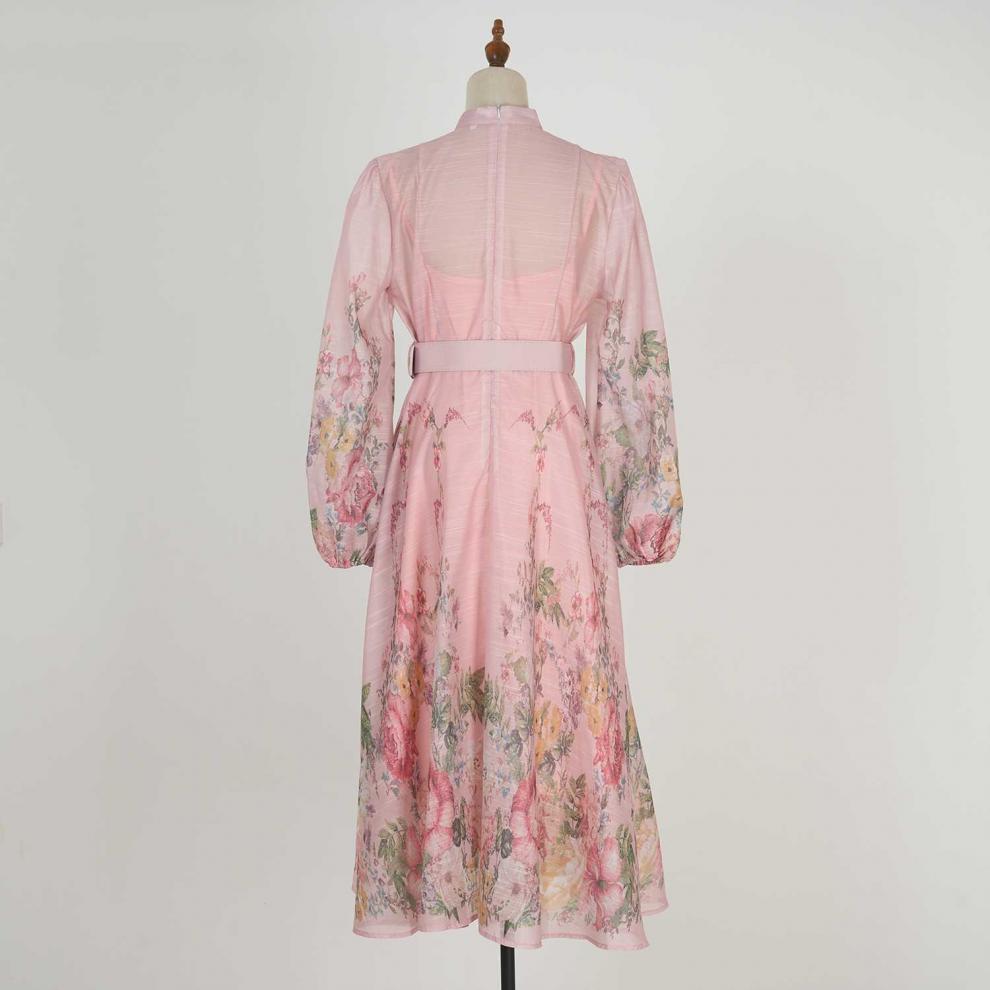Stand collar pattern button design long dress