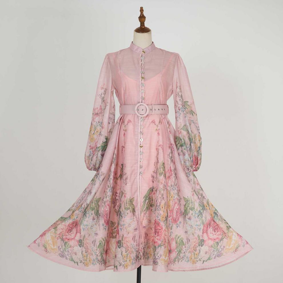 Stand collar pattern button design long dress