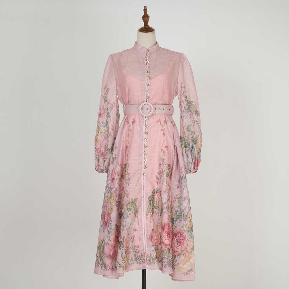 Stand collar pattern button design long dress