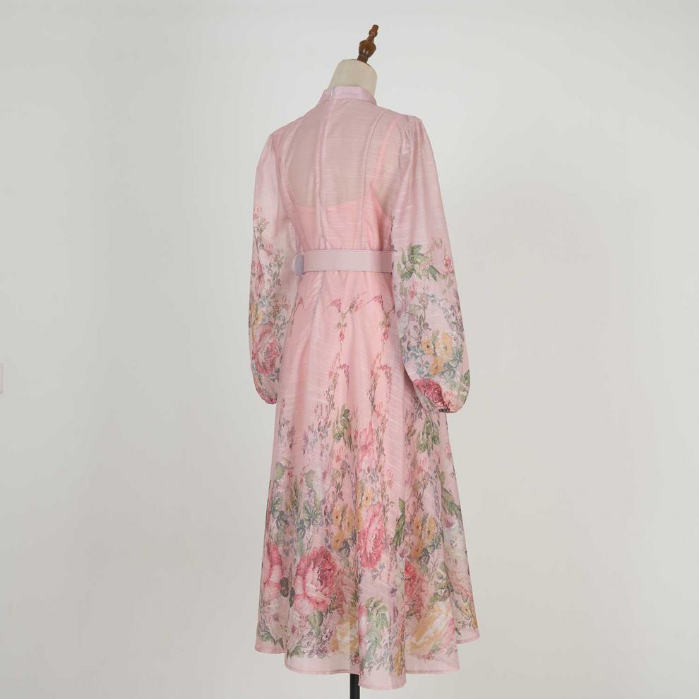 Stand collar pattern button design long dress