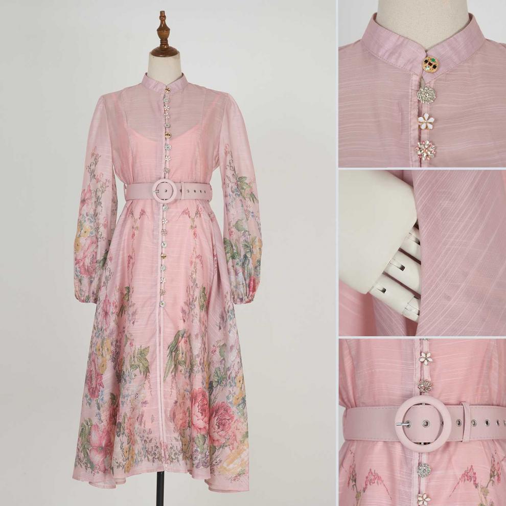 Stand collar pattern button design long dress