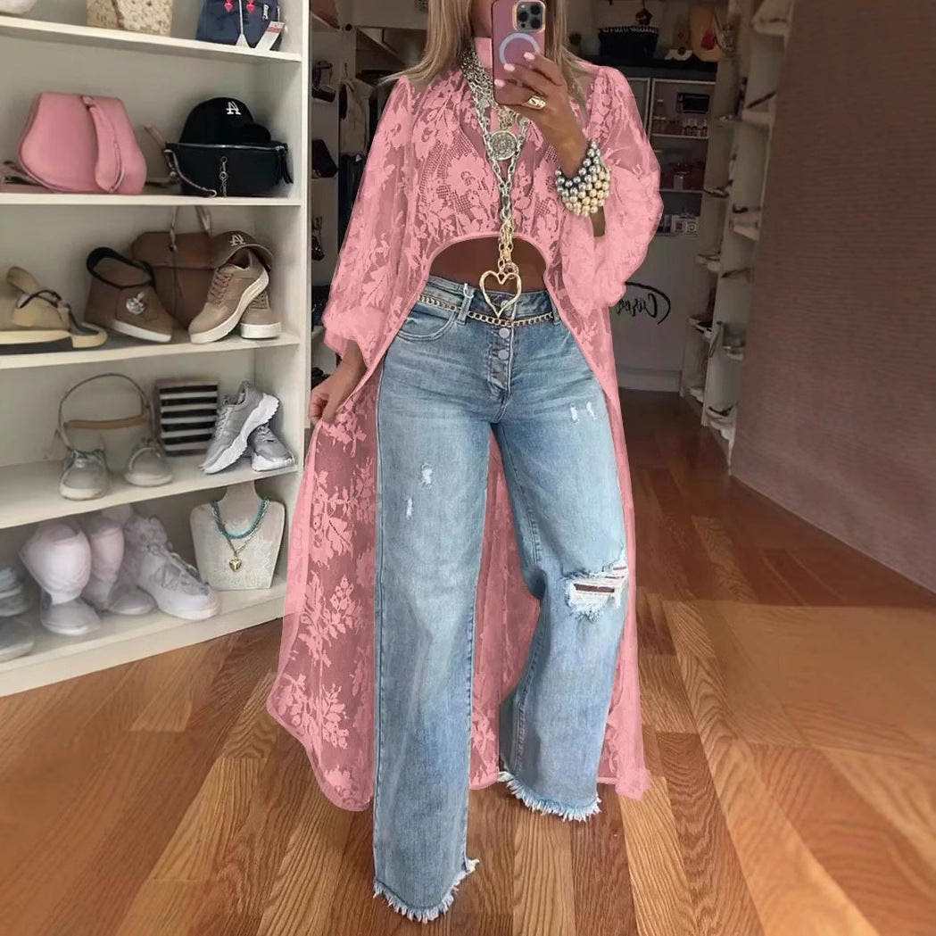 Lace Floral Short Front Long Back Sheer Top