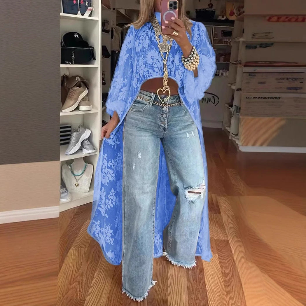 Lace Floral Short Front Long Back Sheer Top