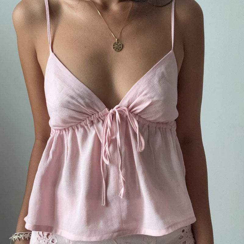 Dopamine V-neck Lace-up Backless Pleated Slimming Camisole for Women