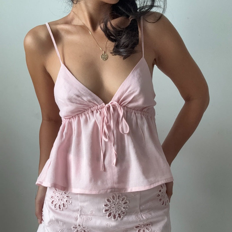 Dopamine V-neck Lace-up Backless Pleated Slimming Camisole for Women