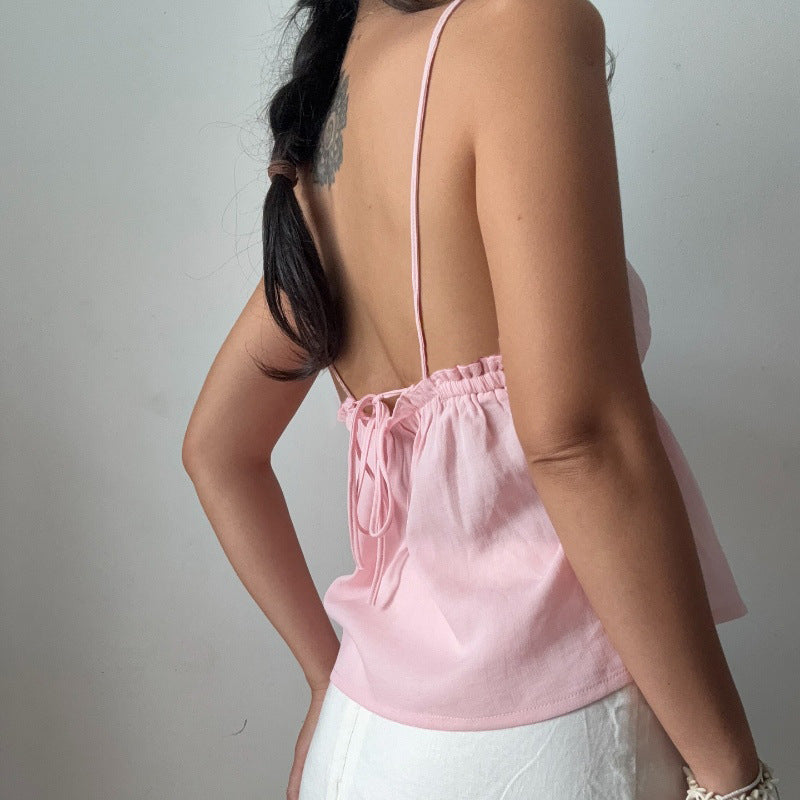 Dopamine V-neck Lace-up Backless Pleated Slimming Camisole for Women