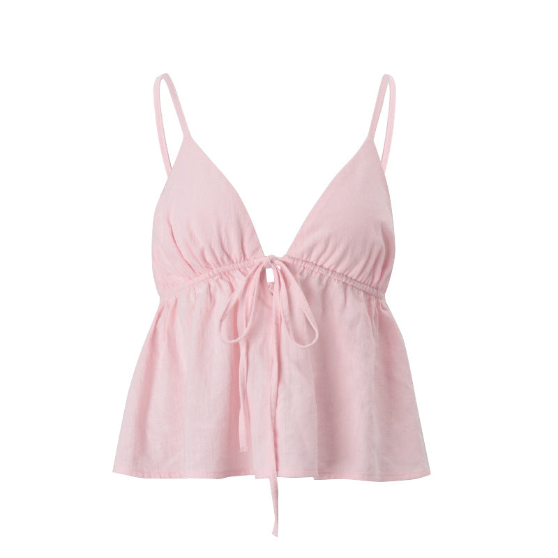 Dopamine V-neck Lace-up Backless Pleated Slimming Camisole for Women