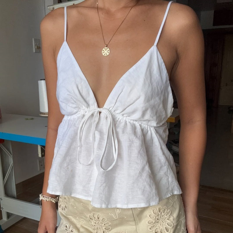 Dopamine V-neck Lace-up Backless Pleated Slimming Camisole for Women