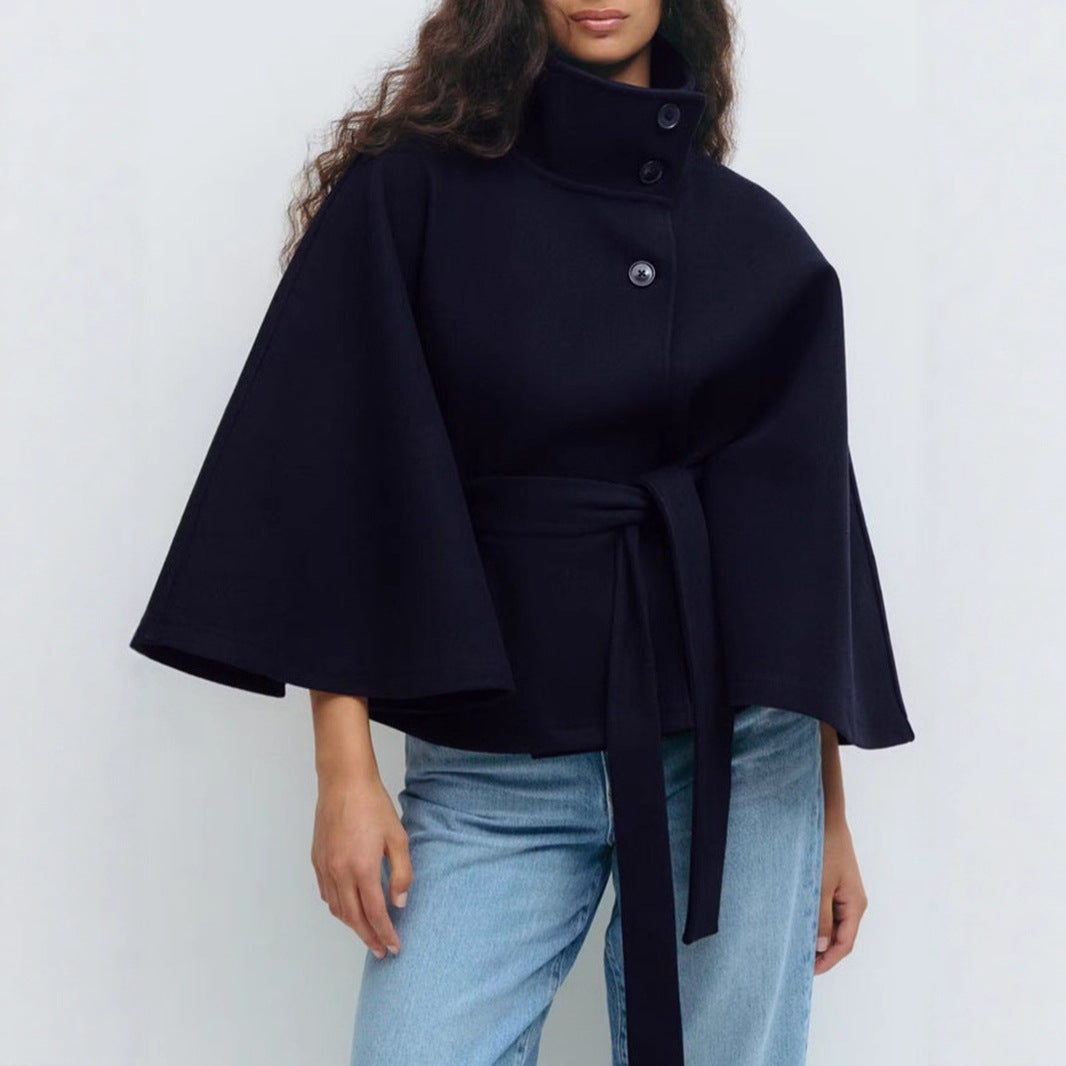 Solid color cape stand collar button belt trench coat