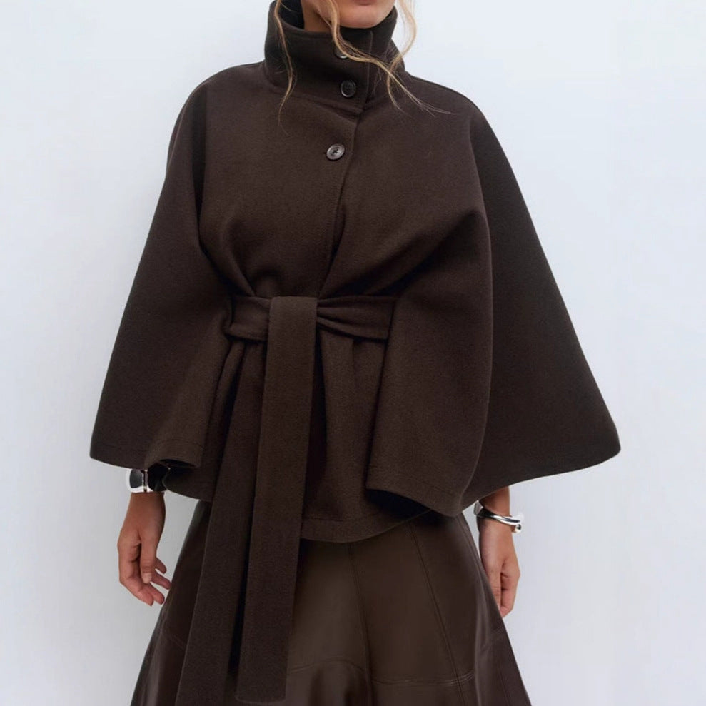 Solid color cape stand collar button belt trench coat