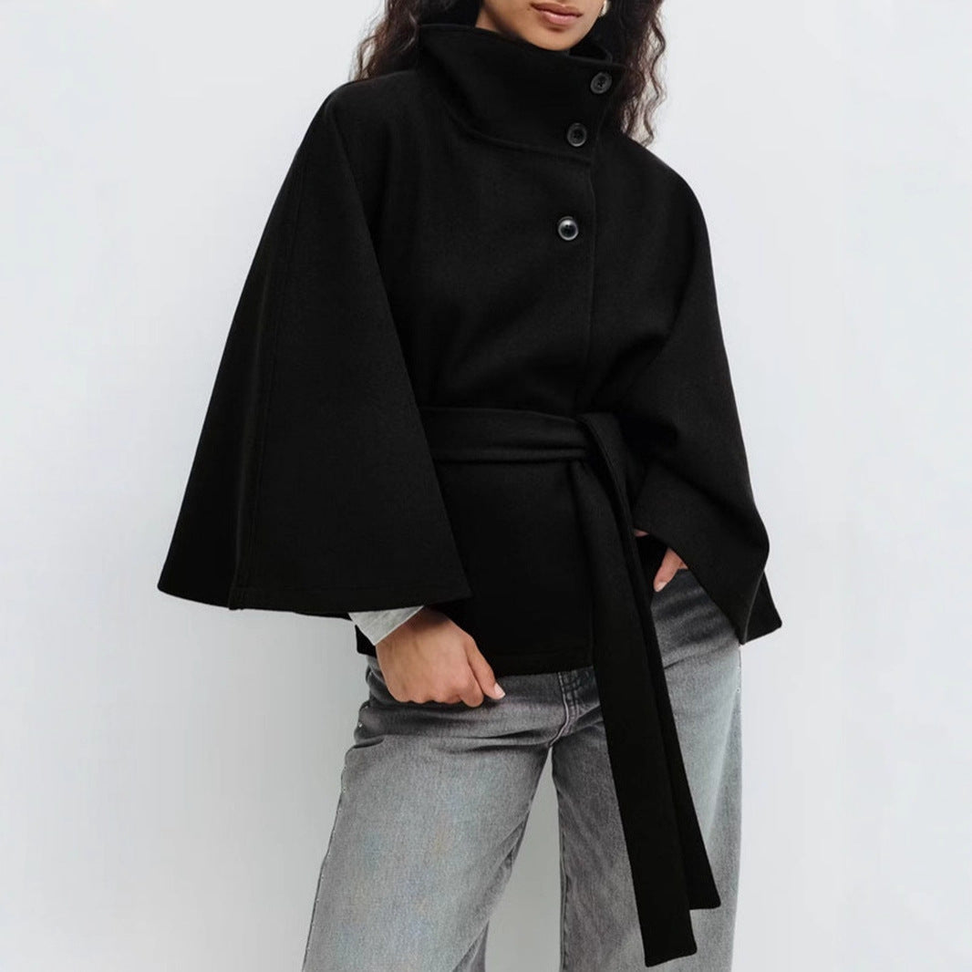 Solid color cape stand collar button belt trench coat