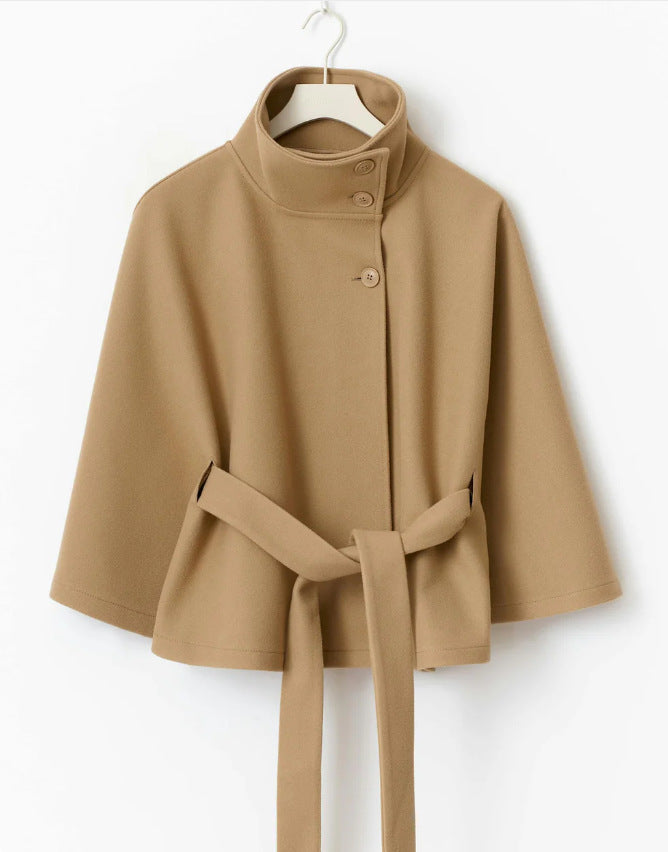 Solid color cape stand collar button belt trench coat