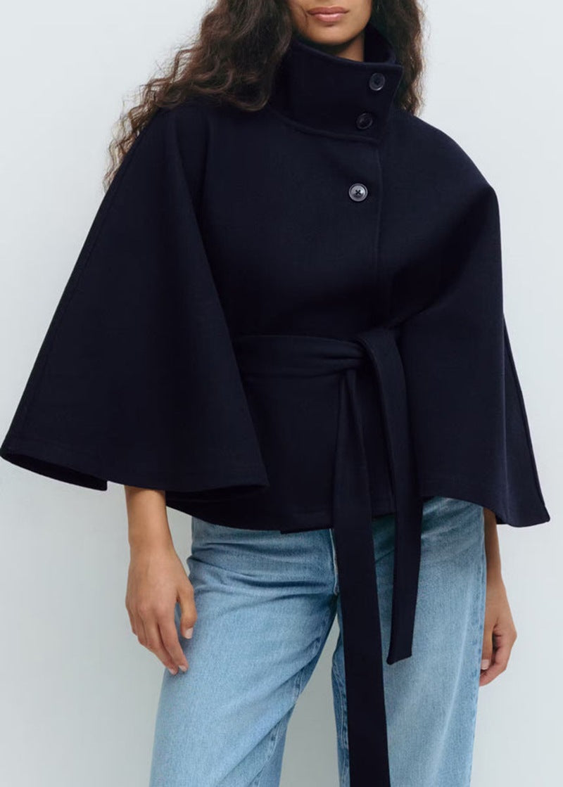 Solid color cape stand collar button belt trench coat
