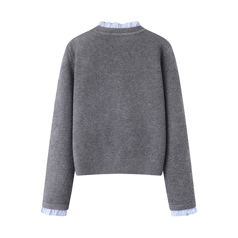Women's knitted cardigan pleated lace collar sweater jacket