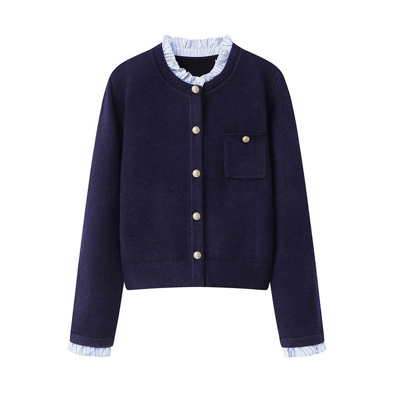 Women's knitted cardigan pleated lace collar sweater jacket