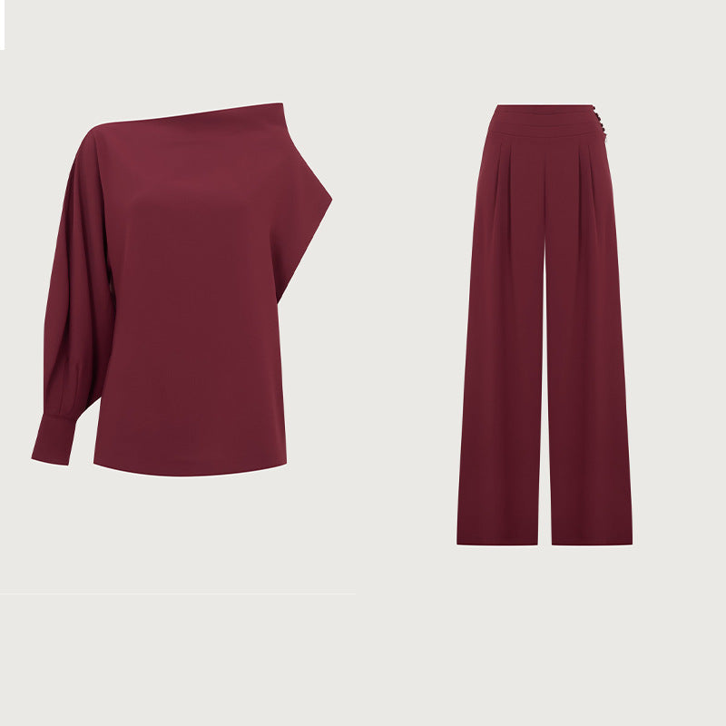 Solid color long-sleeved asymmetrical collar top and straight-leg pants set