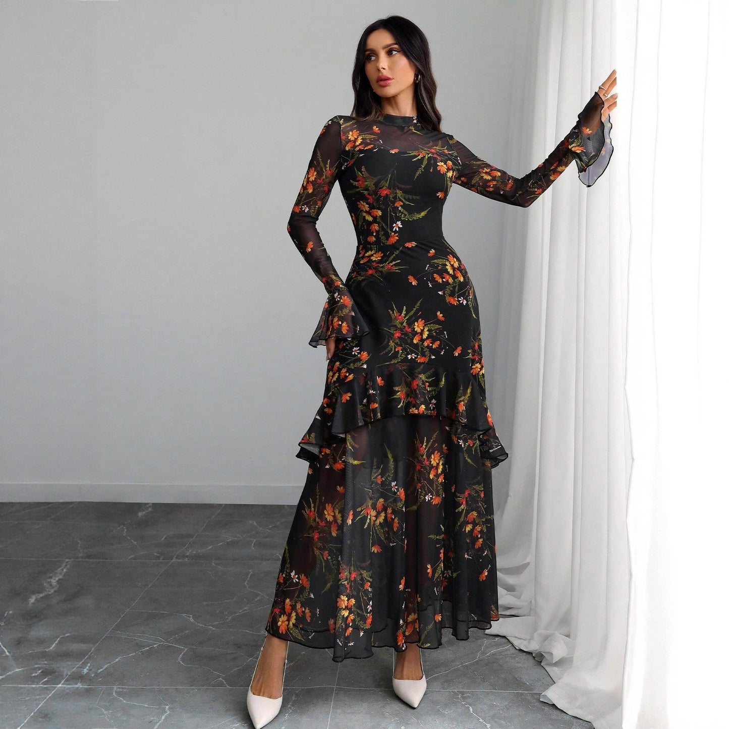 Lotus leaf sleeve floral print dress