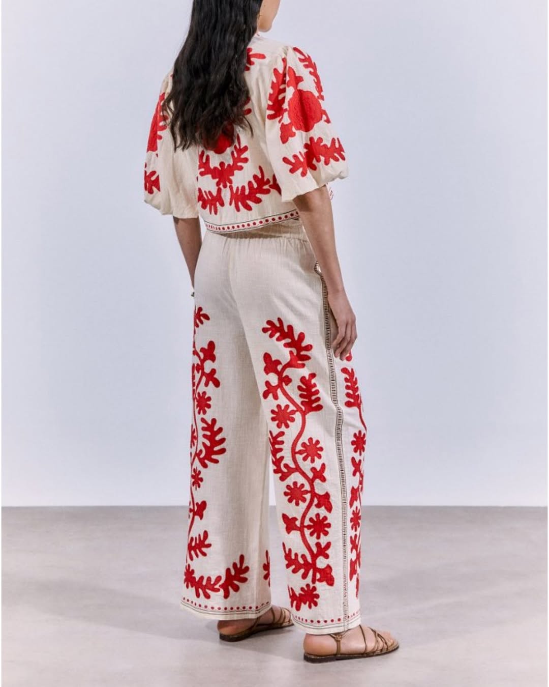 Linen blended printed wide-leg pants + thin strap top two-piece set
