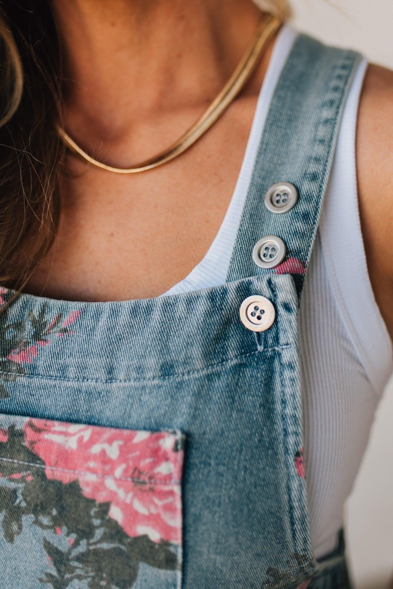 Floral print denim overalls