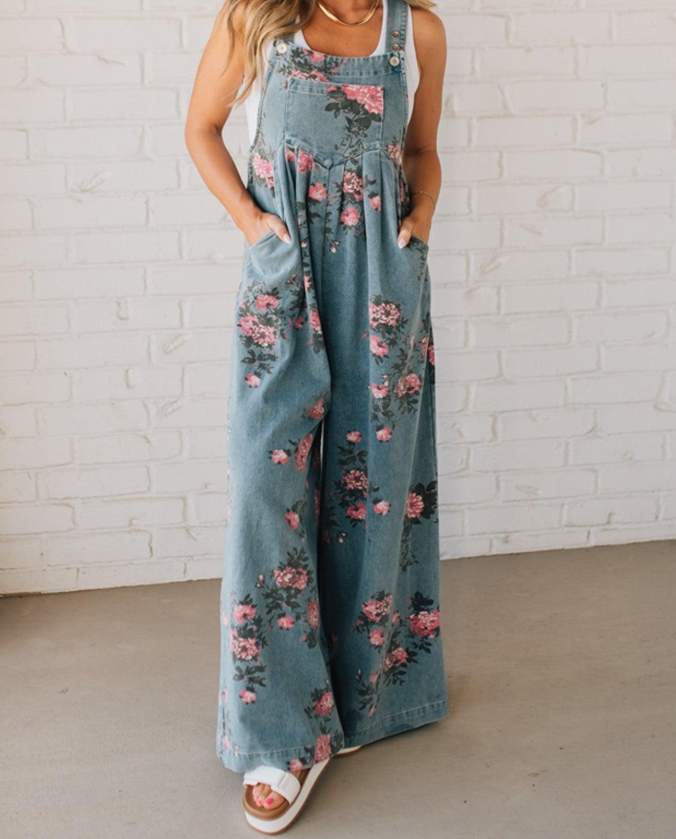 Floral print denim overalls