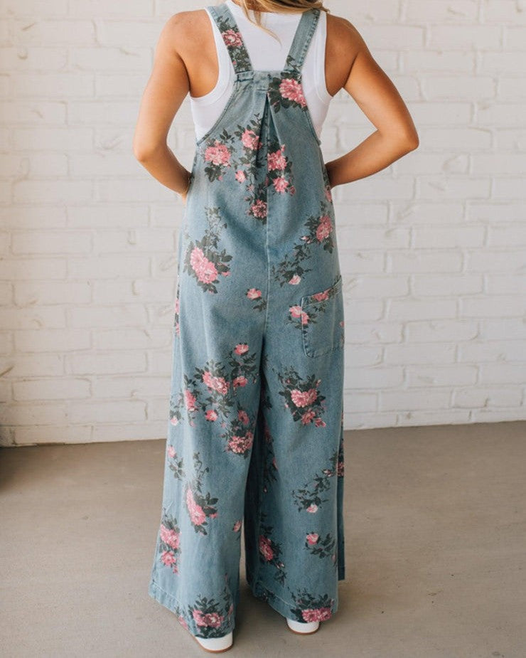 Floral print denim overalls