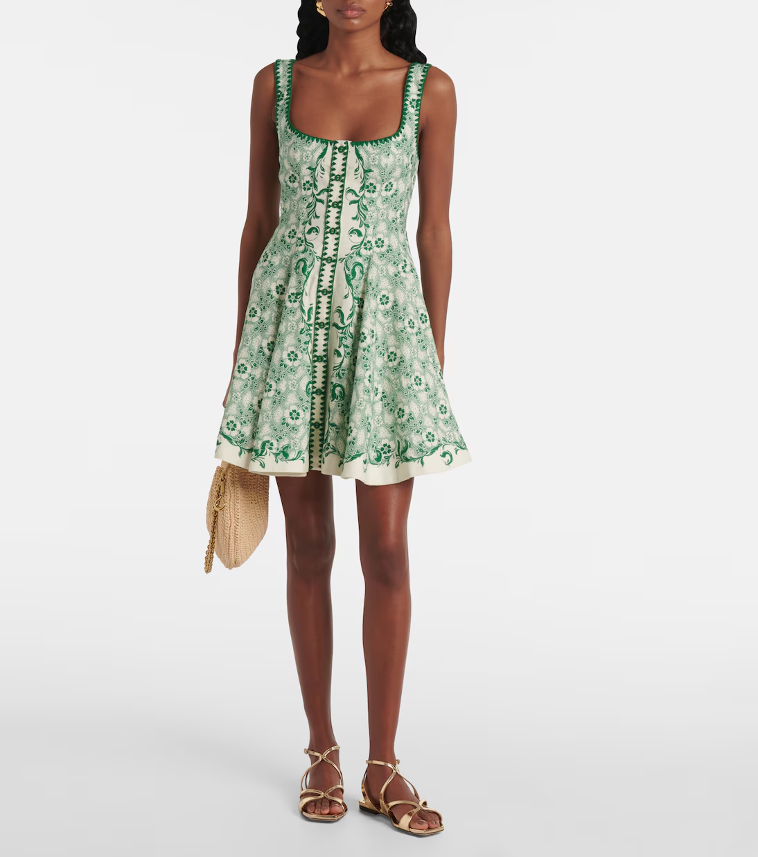Olive Printed Linen And Cotton Minidress In Green