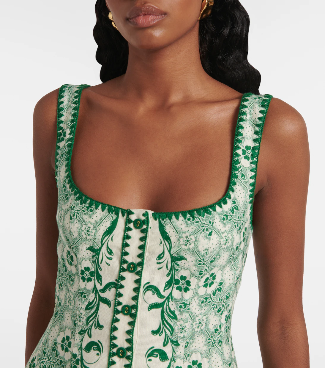 Olive Printed Linen And Cotton Minidress In Green