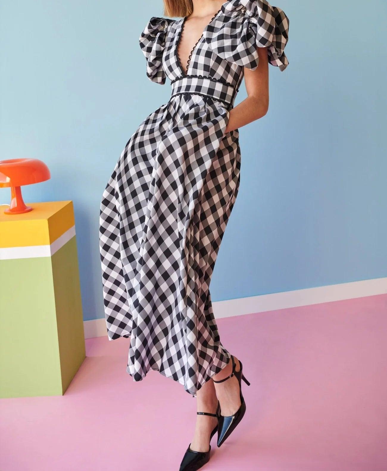 Plaid Puff Sleeve Deep V Midi Skirt