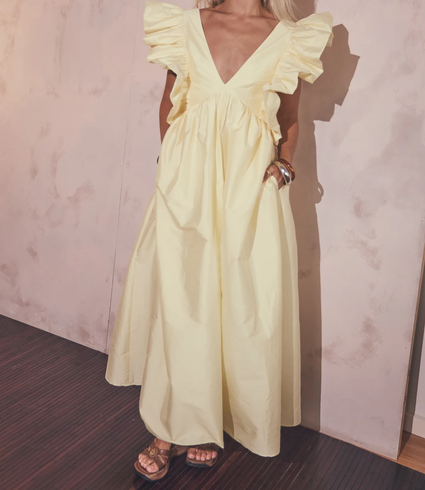 Deep V ruffled sleeve dress