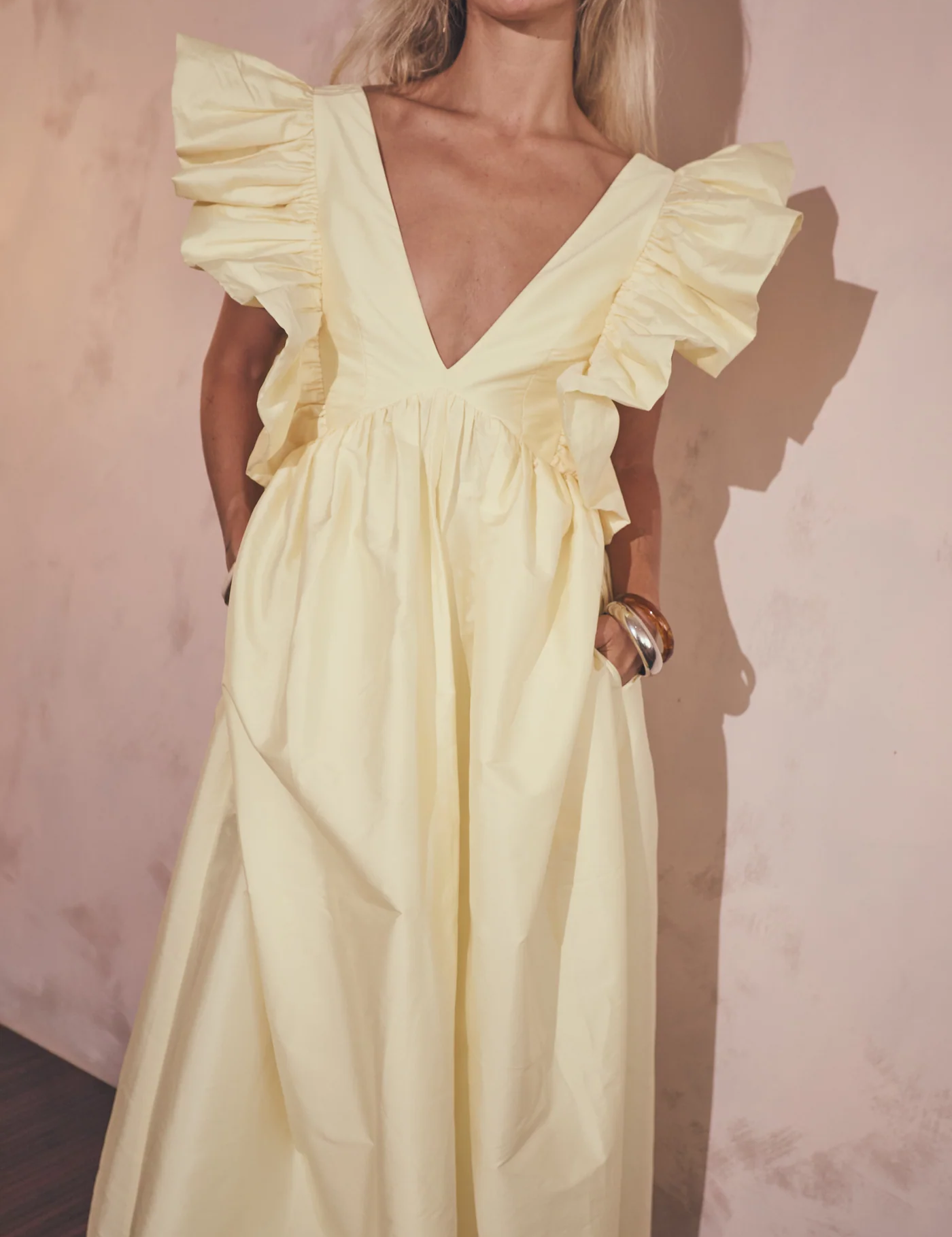 Deep V ruffled sleeve dress