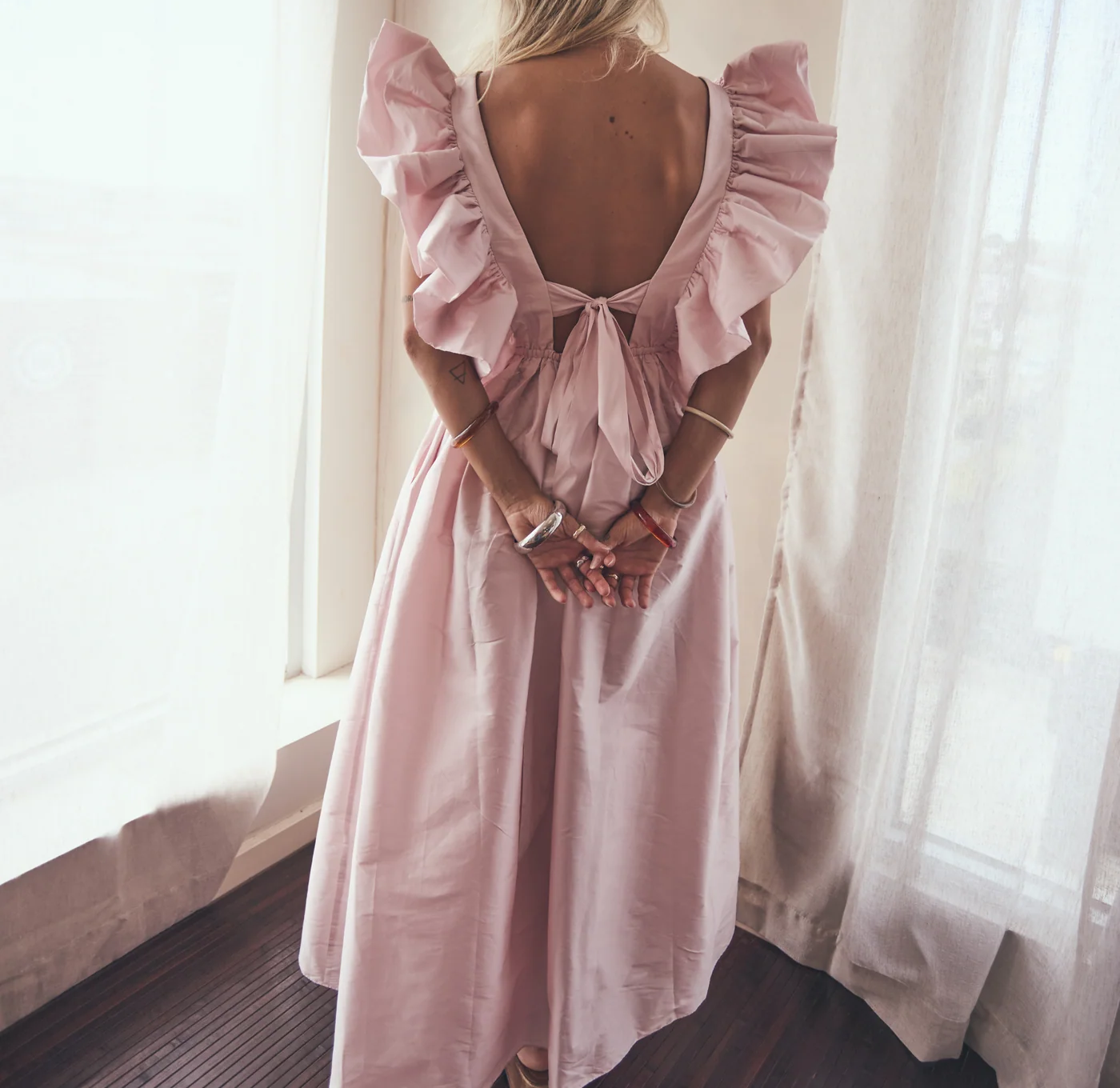 Deep V ruffled sleeve dress