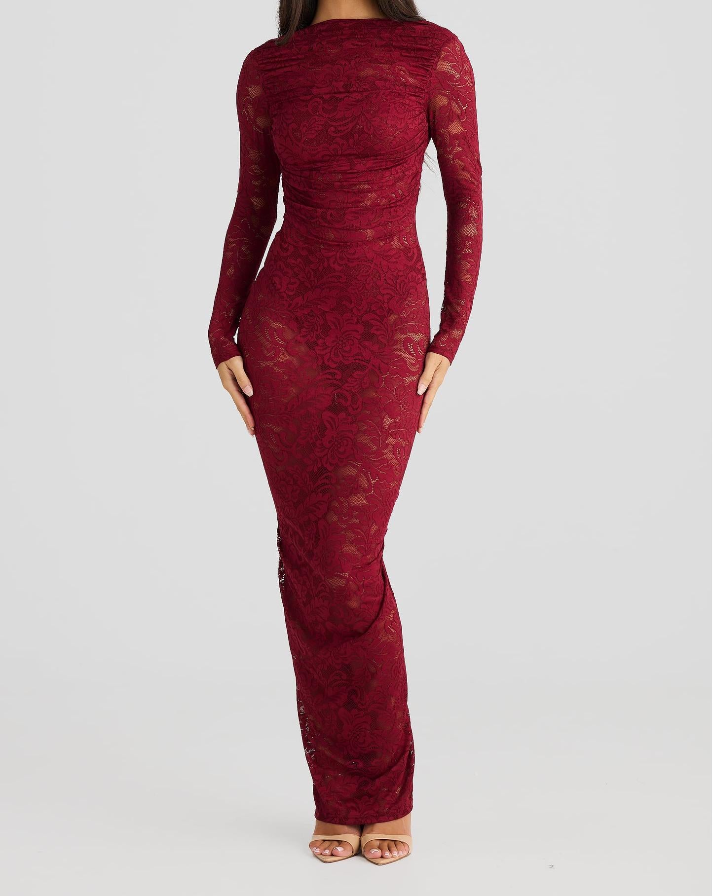 Lace see-through slim fit backpack hip-revealing dress