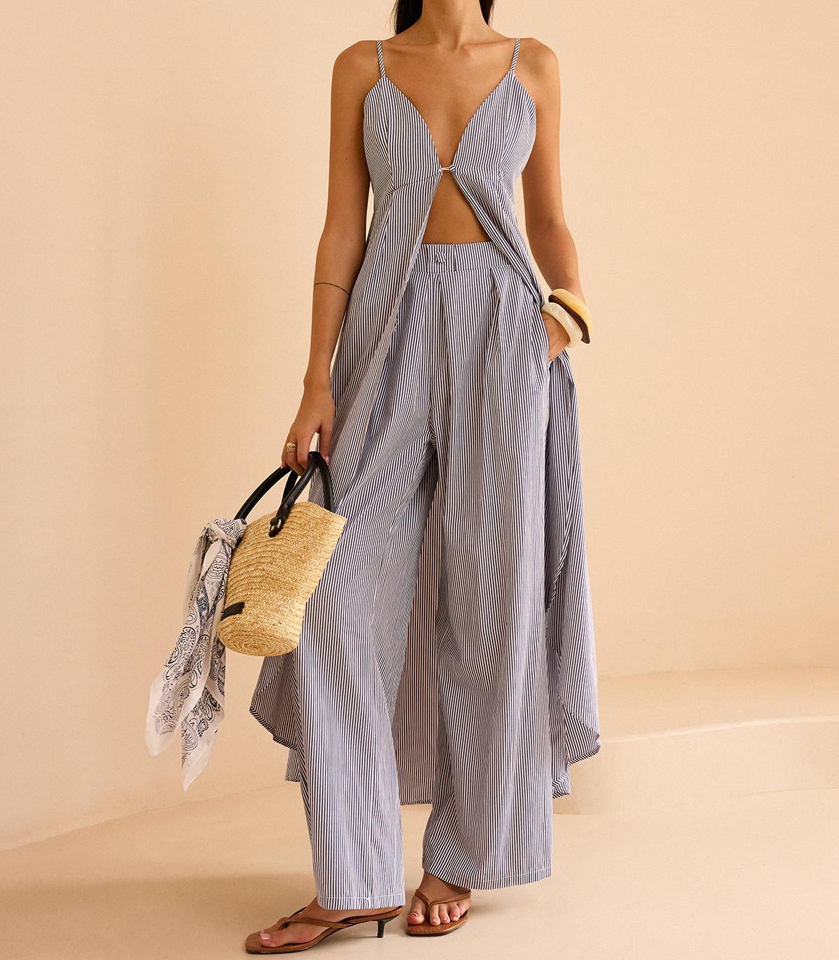 Striped Long Cami Top and Wide-Leg Pants Set