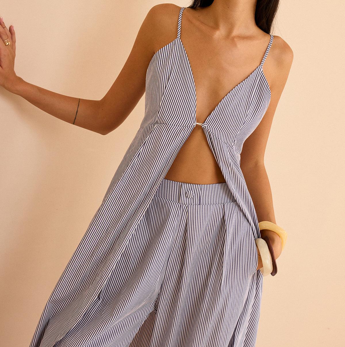 Striped Long Cami Top and Wide-Leg Pants Set