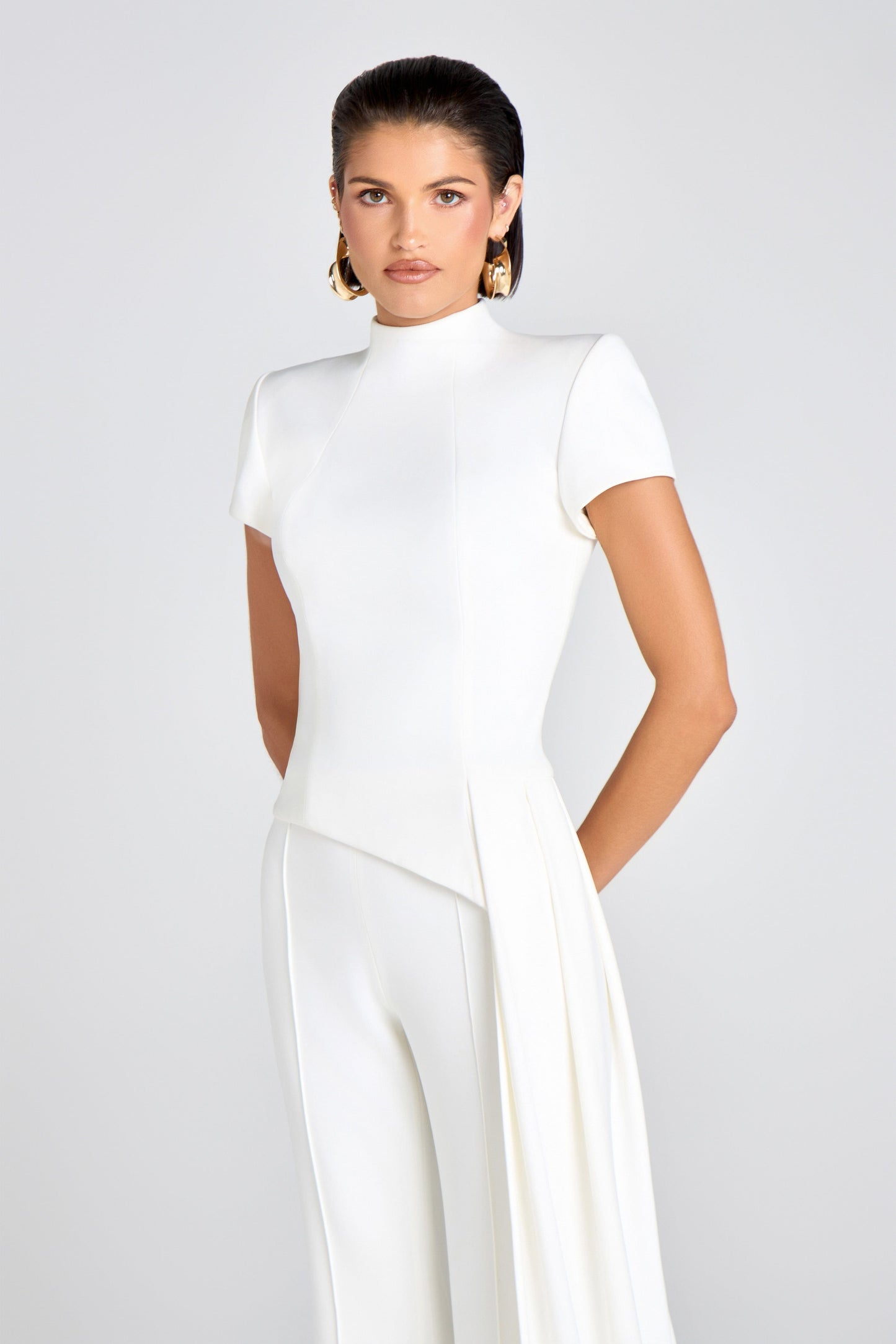 Asymmetrical floor-length top + pants set