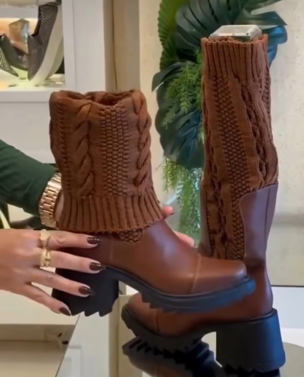 Long knitted leather sock boots