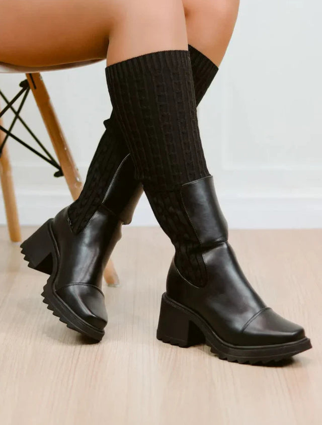 Long knitted leather sock boots