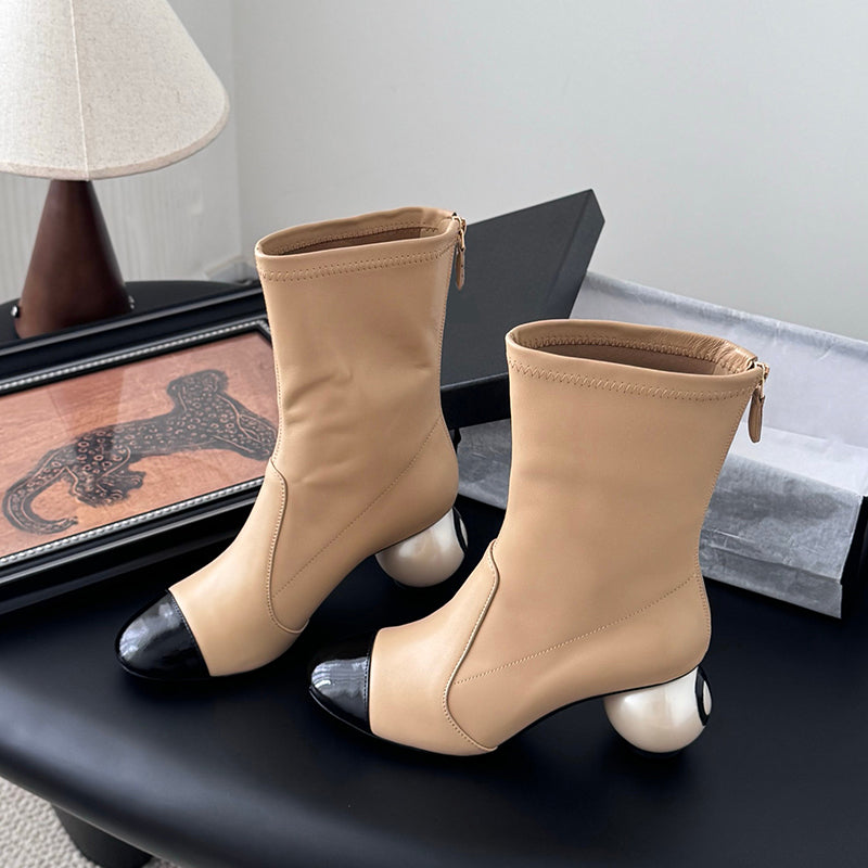 Women's color-blocked pearl ball heel elastic skinny boots