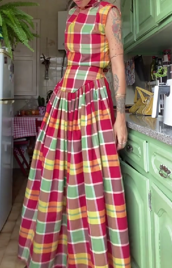 Plaid patchwork vest maxi skirt